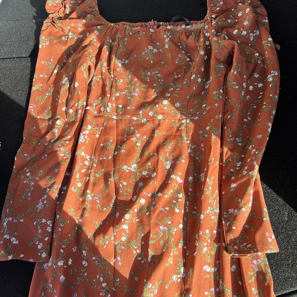 Floral Rust Dress with Square Neckline